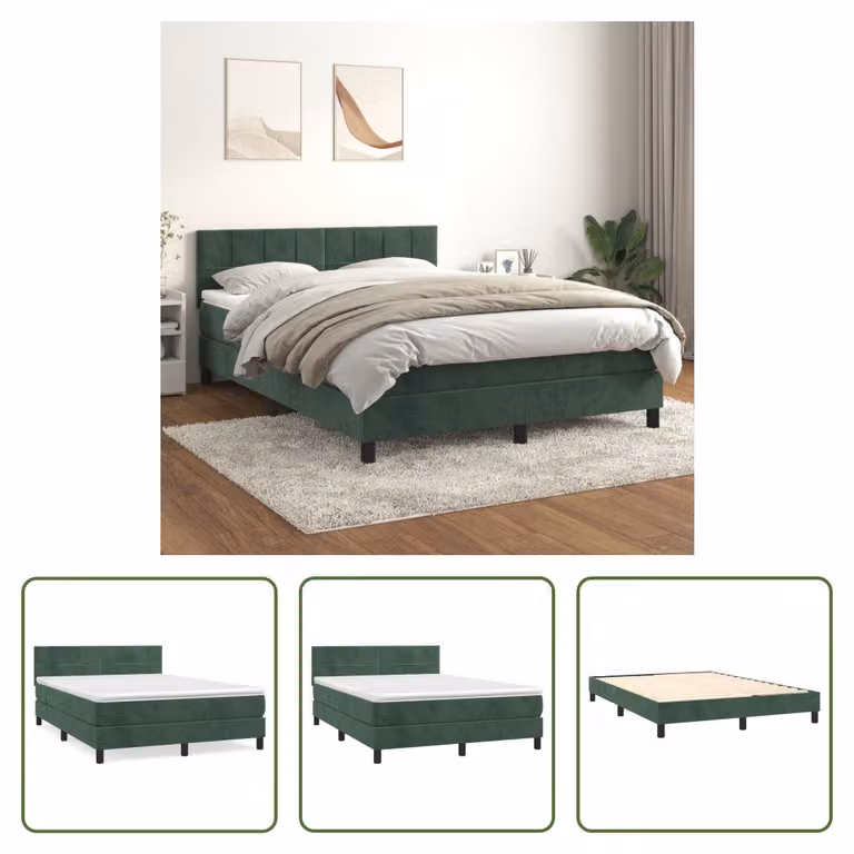 The Living Store Letto a molle con materasso verde scuro 140x190 cm in velluto
