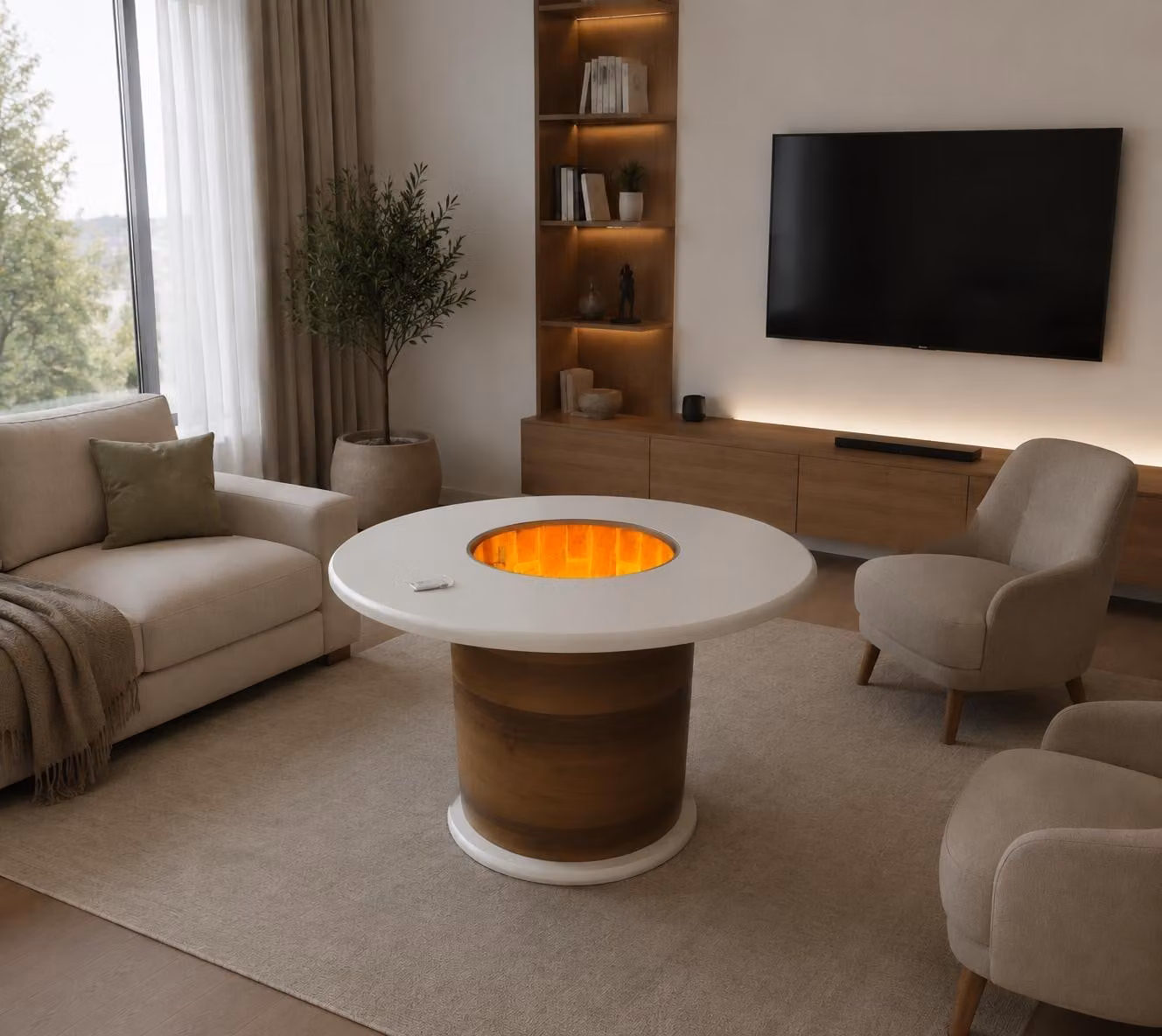 Tavolino rotondo con illuminazione 3D, bianco, design moderno, ideale per il soggiorno