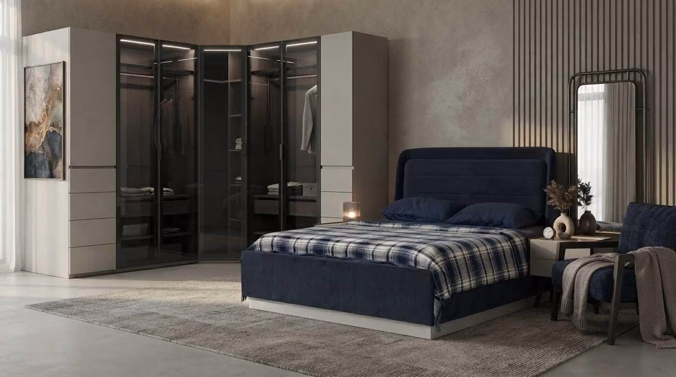Set per camera da letto: letto, comodini, mobiletto angolare, design moderno, colore blu, con illuminazione LED