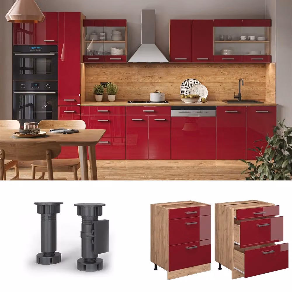 Mobiletto base per cucina Vicco R-Line Rosso lucido e Rovere dorato con cassetti, senza piano di lavoro, L: 60 cm – 2