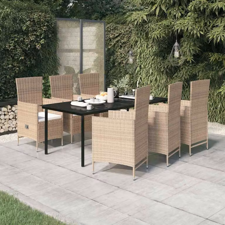 Set da pranzo da giardino vidaXL in polyrattan con cuscini beige e tavolo in vetro per 7 persone