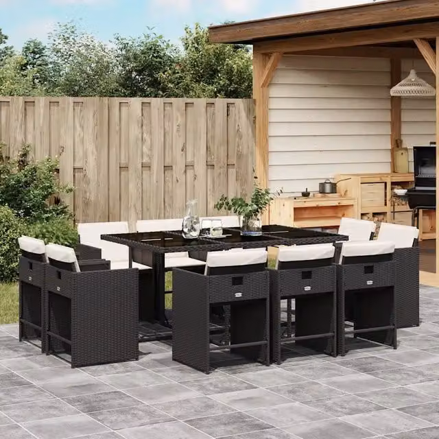 Set da pranzo da giardino vidaXL in polyrattan nero e bianco con 11 pezzi e piano in vetro – 1