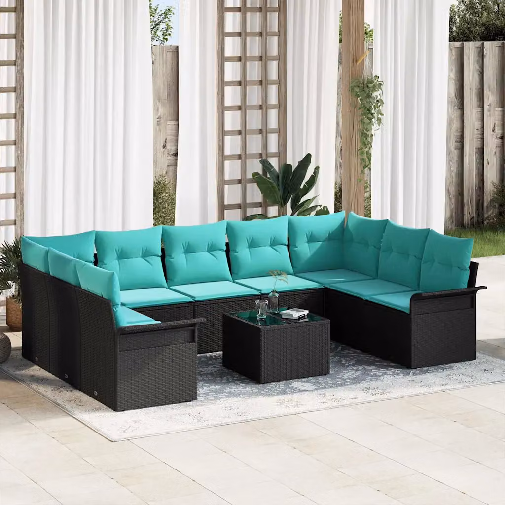 Set Divano da Giardino vidaXL a forma a U composto da 10 pezzi con Cuscini, Colore Nero e Turchese, Struttura in Metro e Polyrattan