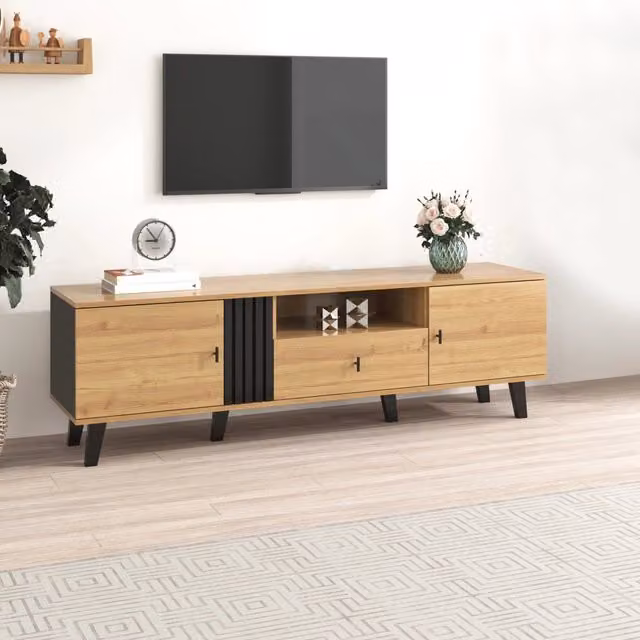 Mobile TV con 2 ante vano aperto e cassetto in pannello truciolare superficie effetto legno e nero 170 × 40 × 50;5 cm