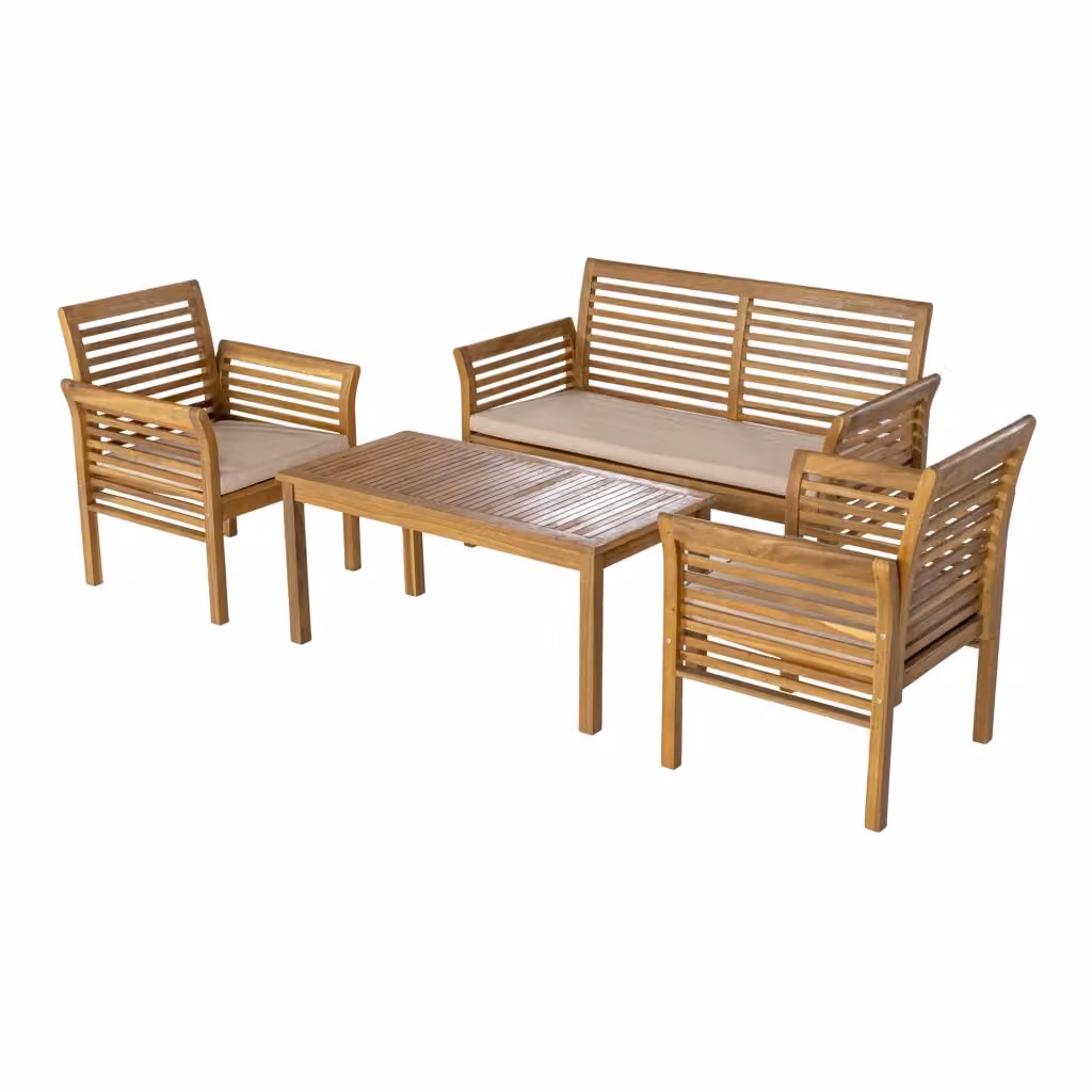 Set Salottino da Esterno Candel casa.pro in Legno di Acacia con Divano a 2 Posti, Poltrone e Tavolino, Colore Marrone e Beige con Cuscini Inclusi – 2