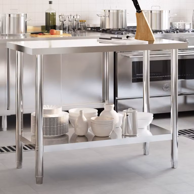 vidaXL Tavolo da cucina moderno in acciaio inossidabile e metallo, colore argento, L 110 x P 55 x H 85 cm