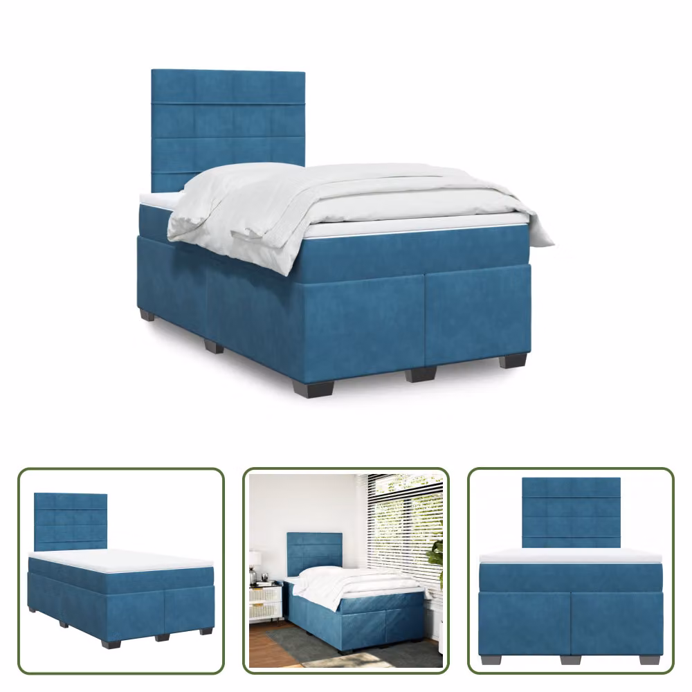 The Living Store Letto a molle con materasso blu 120x200 cm in velluto