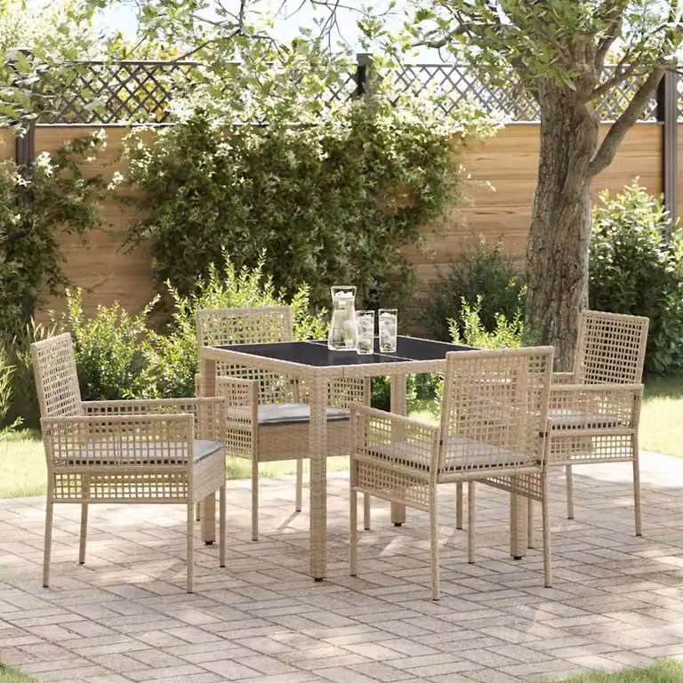 Set da pranzo per giardino e terrazzo vidaXL in polyrattan beige con tavolo in vetro e 5 sedie