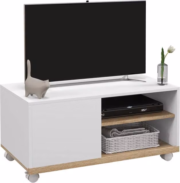 Mobile TV Xylo con ruote bianco e legno rovere L: 80 cm, P: 45 cm, H: 41 cm