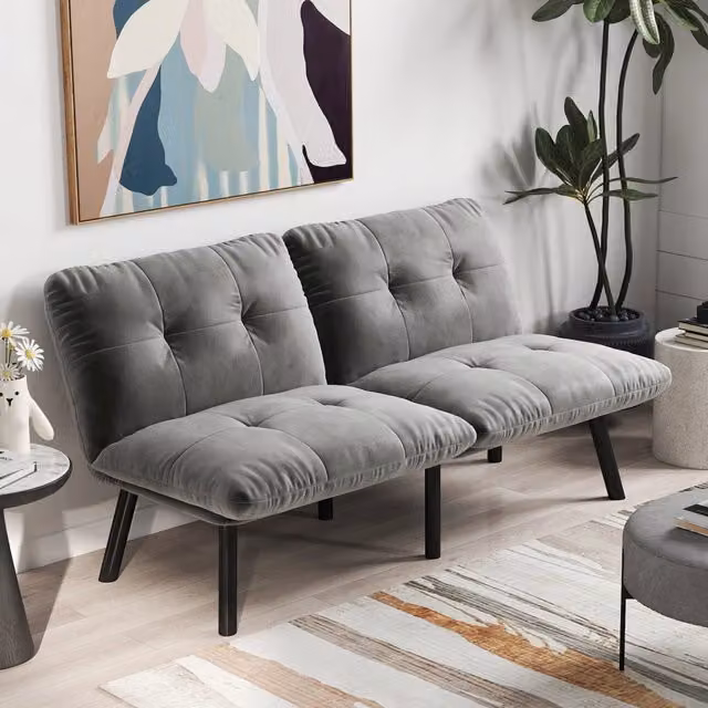 Canapé convertibile OKWISH in velluto grigio con funzione letto click-clack e struttura in metallo