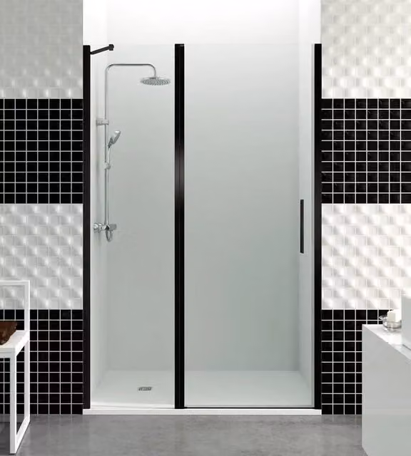 Box doccia Ducha OPEN rettangolare con parte fissa e porta battente, vetro trasparente e finitura nero opaco, L: 130 cm