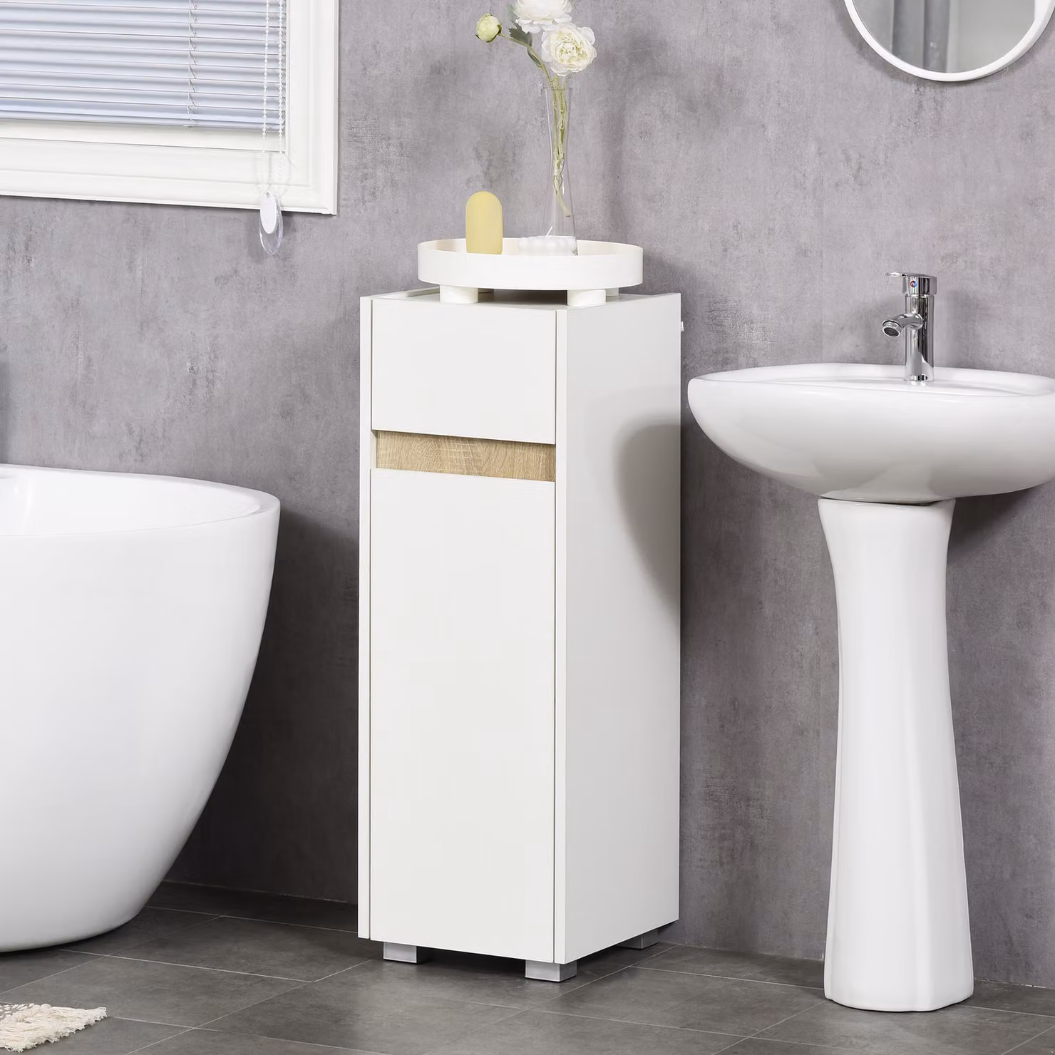 Mobiletto Bagno Salvaspazio Aosom in Legno Bianco con Cassetto, Anta e Ripiano Interno Regolabile, L/P/H: 30 x 33 x 88 cm – 2