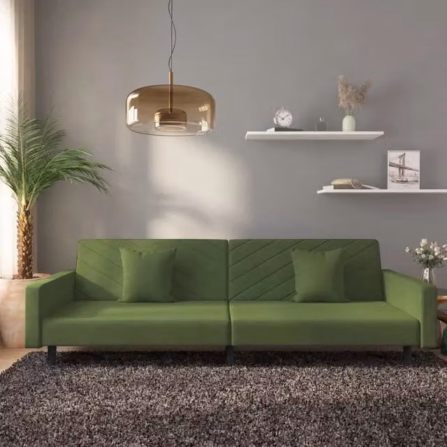 Divano Letto Click-Clack vidaXL in Velluto Verde con Cuscini e Struttura in Legno Massiccio L: 220 cm, P: 84,5 cm, H: 69 cm – 1