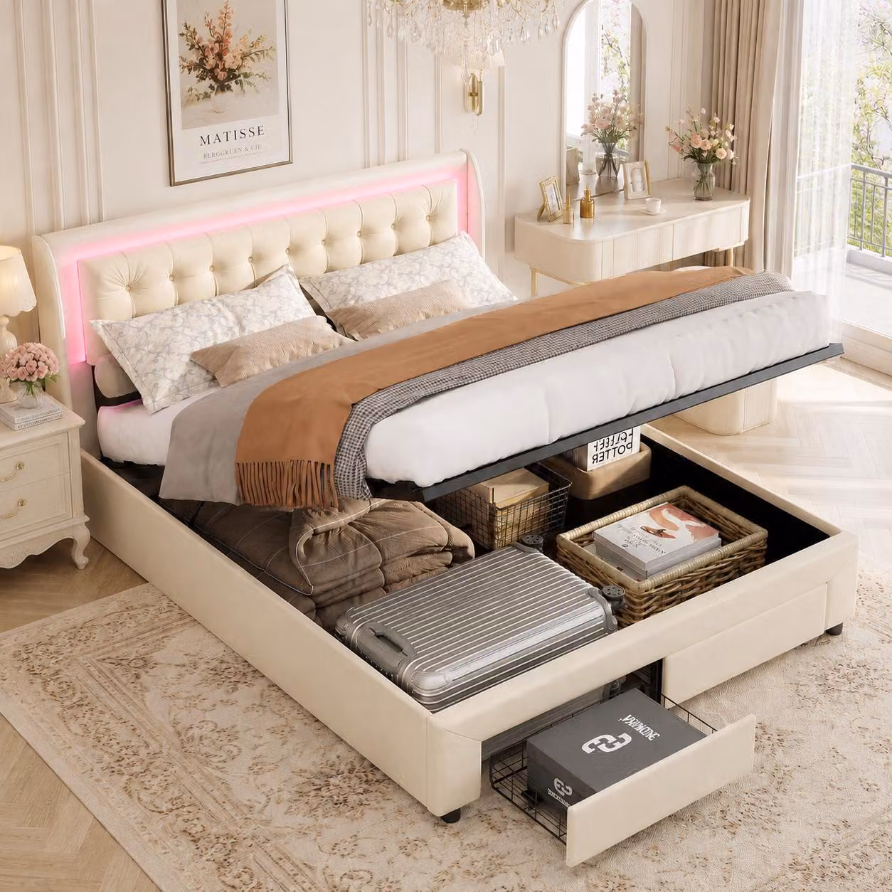 Letto imbottito INONEFT 140x190 cm con LED, letto matrimoniale con sistema idraulico, contenitore e cassetti, letto a molle con contenitore e rete a doghe, rivestito in velluto color beige