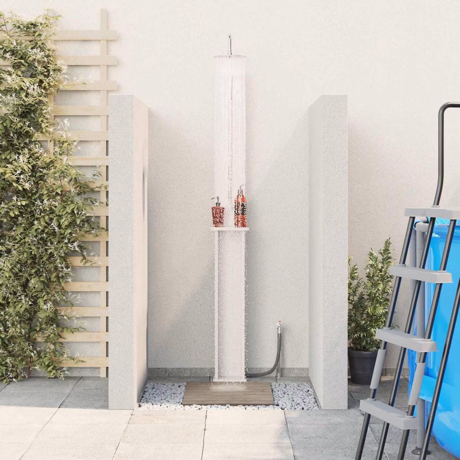 Doccia da esterno vidaXL in legno di pino massello e acciaio inox, colore bianco e argento, H: 246 cm