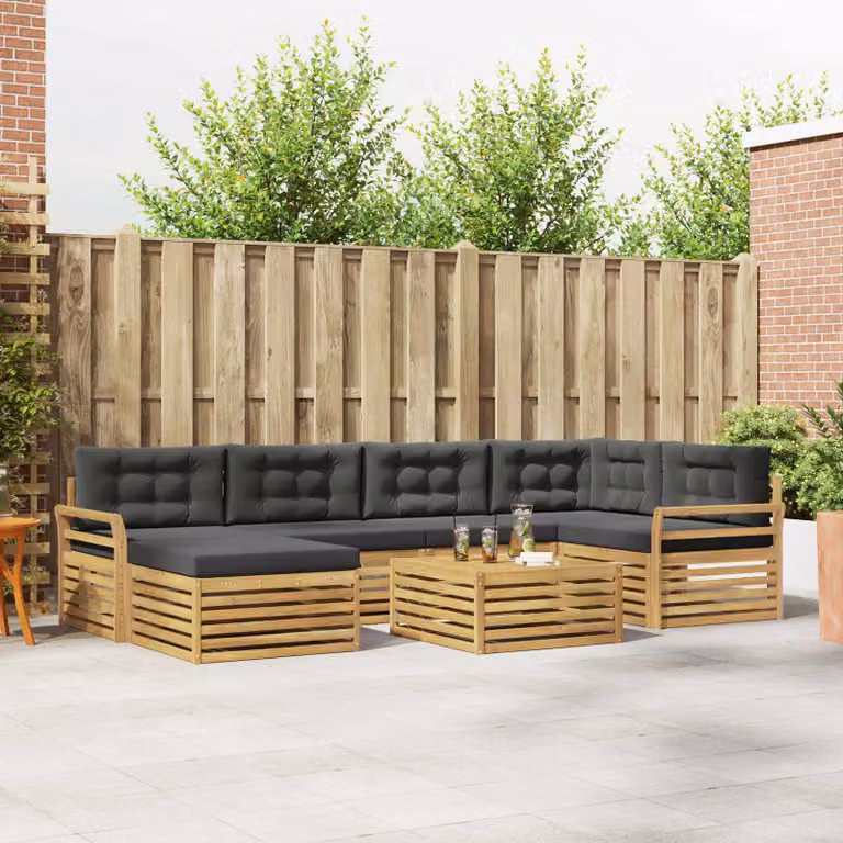 vidaXL Set di divani da esterno a L composto da 7 pezzi in legno di acacia con cuscini, colori bianco, antracite e marrone