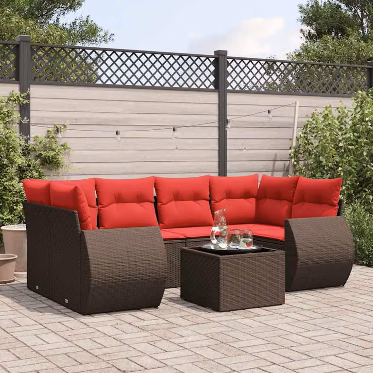 Set Divani da Giardino vidaXL 7 pz in Polyrattan Marrone con Cuscini e Tavolino da Esterno