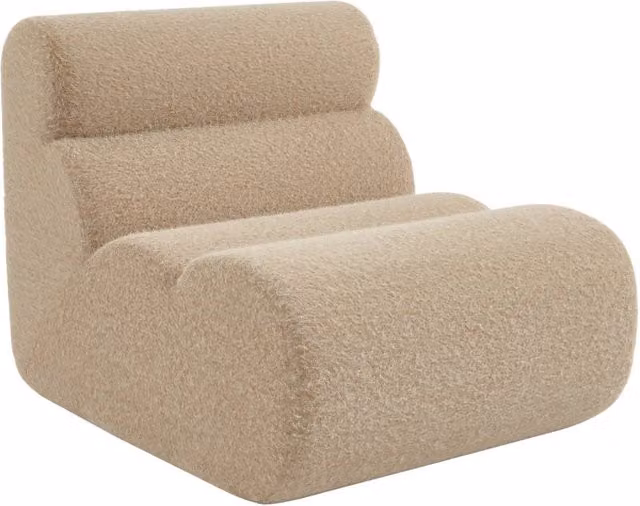 Poltrona moderna Sweeek in tessuto bouclé effetto alpaca, beige – 1