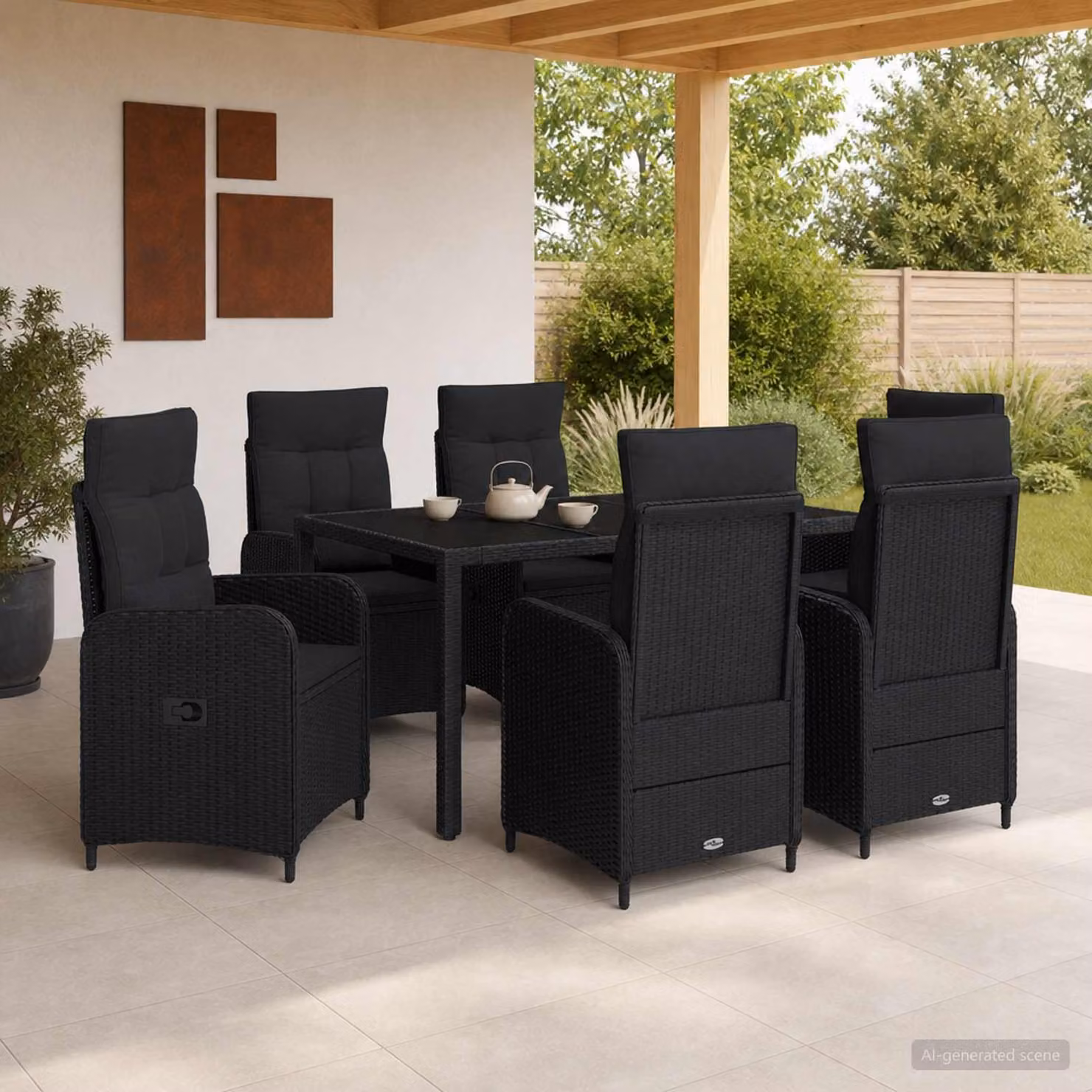 Set da pranzo per esterni vidaXL in polyrattan nero con tavolo in vetro per giardino e terrazzo, 7 pezzi