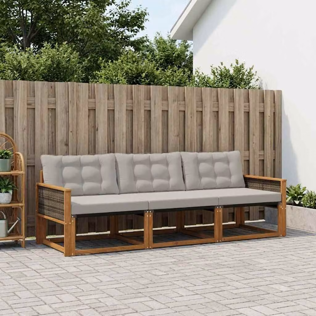 Set di divani da esterno vidaXL in legno di acacia con cuscini, 3 pezzi, Beige e Grigio