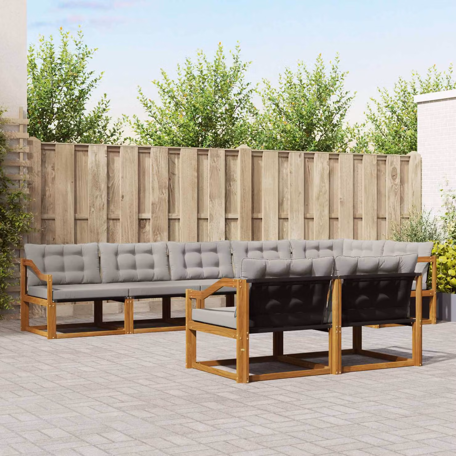 vidaXL Set di divani da esterno a L composto da 8 pezzi in legno di acacia e textilene, colore grigio e marrone
