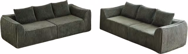 Divano modulare in corduroy con linee curve; schienale basso e seduta ampia per soggiorno in verde