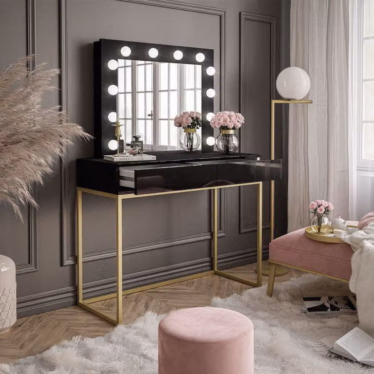 Tavolo da trucco BLANCO GOLD con specchio e illuminazione a LED Oro opaco / Nero lucido Push-to-Open