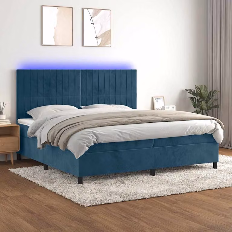 Letto Ibrido vidaXL con Materasso a Molle a Tasche, Rivestimento in Velluto Blu e Bianco, Illuminazione LED Sotto il Letto e Porte USB, L/P: 200 x 200 cm