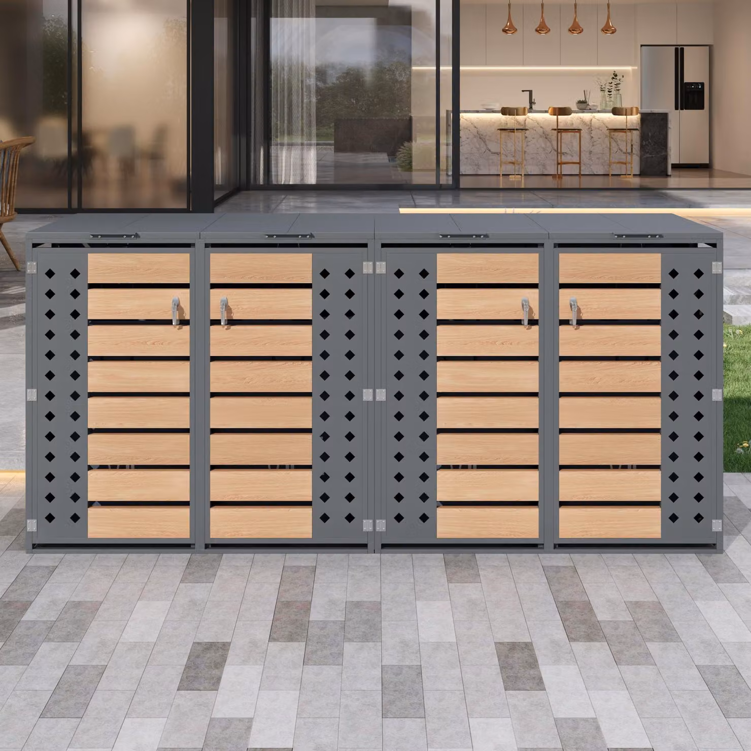 Contenitore per bidoni della spazzatura, progettato per ospitare 4 bidoni, dotato di coperchio a ribalta idraulico, porte chiudibili a chiave, realizzato in lamiera d'acciaio zincata ventilata, con finitura effetto legno/grigio
