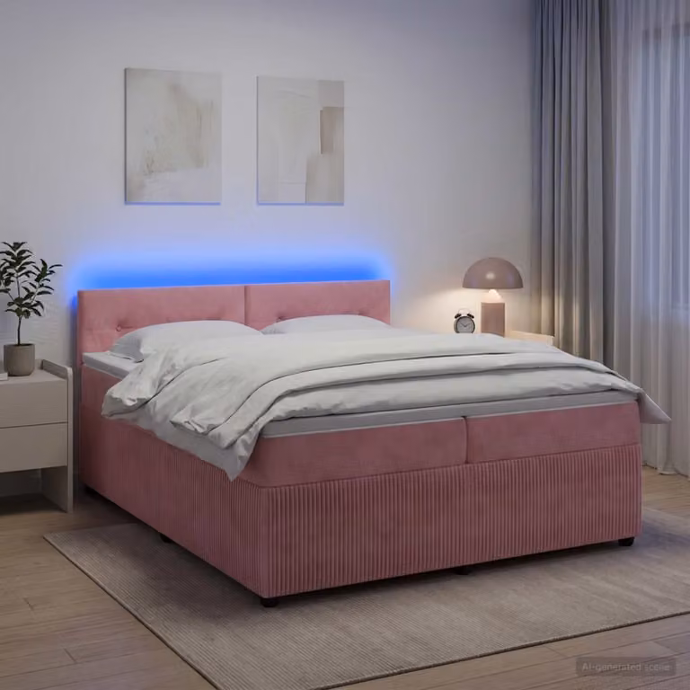 Letto box spring vidaXL con materasso ibrido in velluto rosa, dotato di illuminazione sottostante e porta di ricarica USB, L/P: 200 x 200 cm