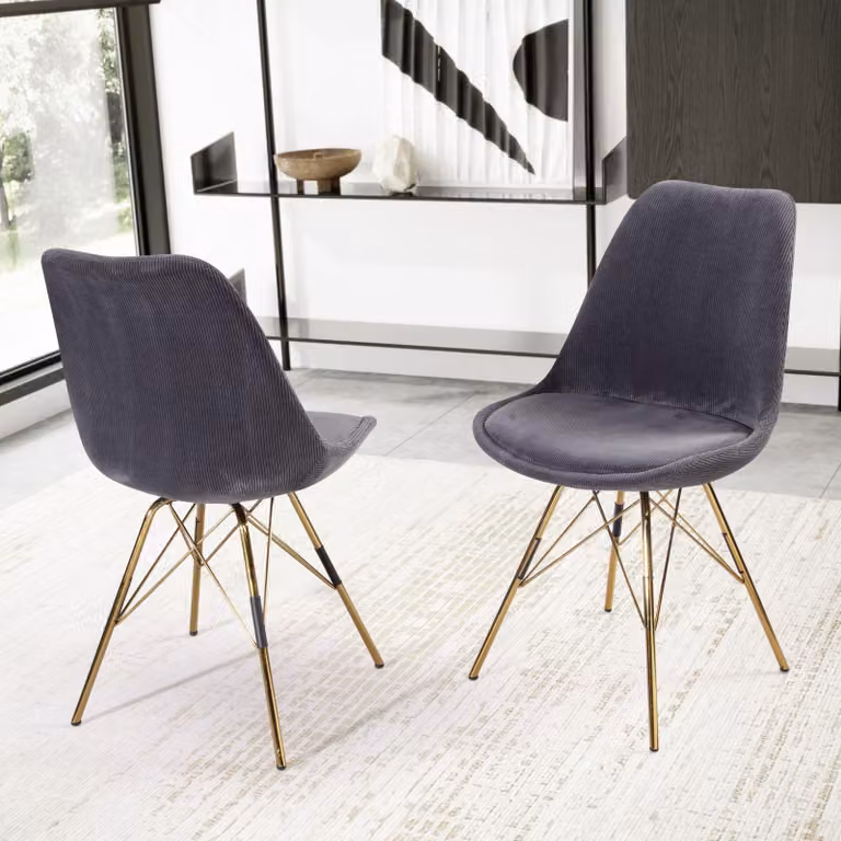 FineBuy Set da 2 sedie da pranzo, grigio, tessuto Cara, sedia da cucina con gambe dorate, sedia con seduta in velluto a coste, sedia imbottita in stile scandinavo con rivestimento in tessuto