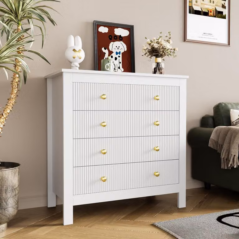 Mobile contenitore con 5 cassetti, finitura lucida bianca, maniglie dorate, superficie strutturata, dimensioni 79x80,5x39,5 cm