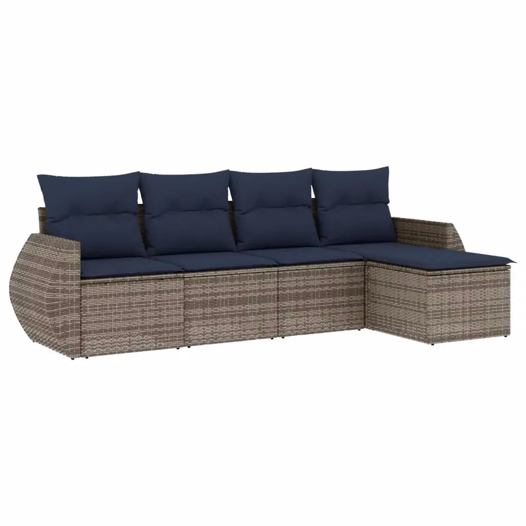 Set di Divani da Giardino a L vidaXL in Polyrattan con Cuscini Blu e Grigio e Ottoman – 2