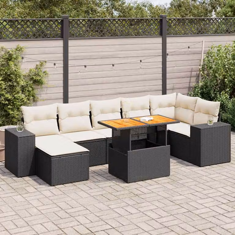 Set di divani da giardino vidaXL in polyrattan e legno di acacia oliato con 8 cuscini, nero e multicolore