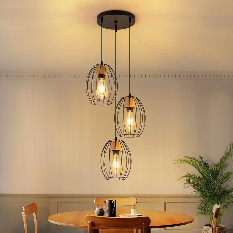 ZMH Lampada a sospensione vintage a sospensione da tavolo - lampada da tavolo a 3 fiamme a sospensione nera in metallo e legno E27 Lampada a sospensione retrò per soggiorno camera da letto cucina (senza lampadina)