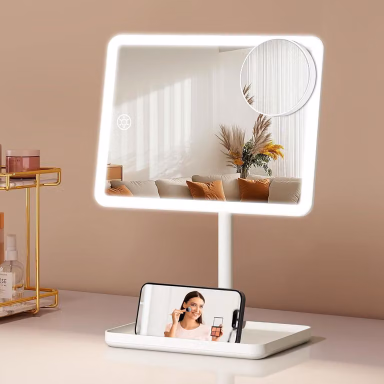 Specchio cosmetico con illuminazione, ingrandimento 10x, fronte-retro, ricaricabile, dimensioni 18 cm x 15,8 cm, colore bianco