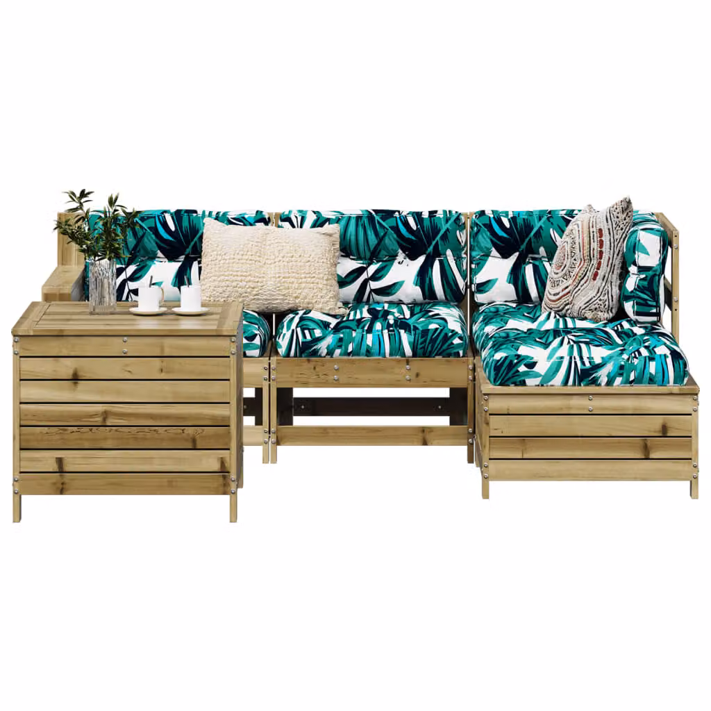 Set di Divani da Giardino vidaXL a Forma di L in Legno di Pino Trattato con Cuscini, Colore Marrone e Verde