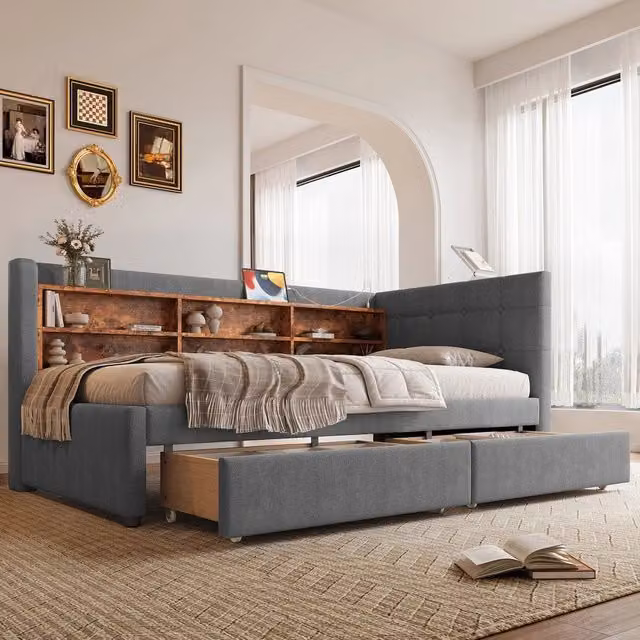 Letto Singolo con Cassetti e Rete a Doghe ¨C MINIMAL ¨C Tessuto Grigio 90x200