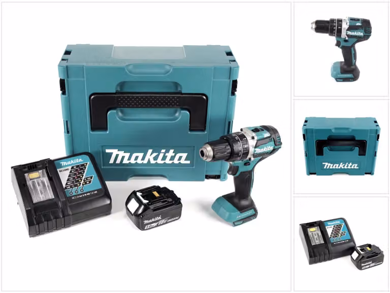 Makita DHP 484 RT1J Trapano avvitatore con percussione a batteria 18V in valigetta Makpac + 1x Batteria BL 1850 5,0 Ah + Caricabatterie DC18RC