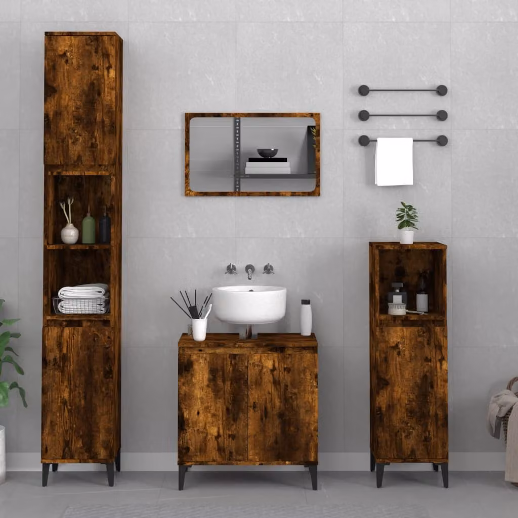 Set di mobili da bagno moderno vidaXL in legno e metallo color rovere fumo, composto da 3 pezzi con mobile lavabo e colonna, L/P/H: 58 x 33 x 190 cm