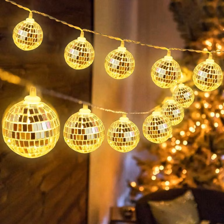 Catena luminosa a LED a forma di sfera da discoteca, 150 cm, argento, alimentata a batteria, con 10 luci