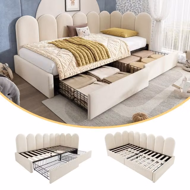 Letto imbottito singolo con cassetti e contenitore in velluto, divano letto 90x200 cm con rete a doghe, per ragazzi e adulti - Beige (senza materasso)