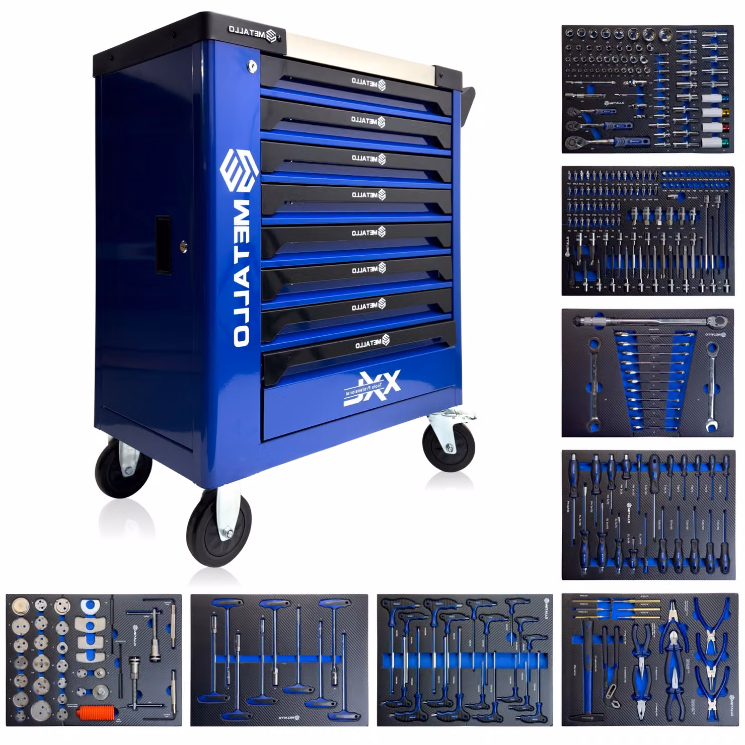 Toolcar Metallo Blue 8/8 Carrello portautensili Carrello da officina 8 cassetti riempiti
