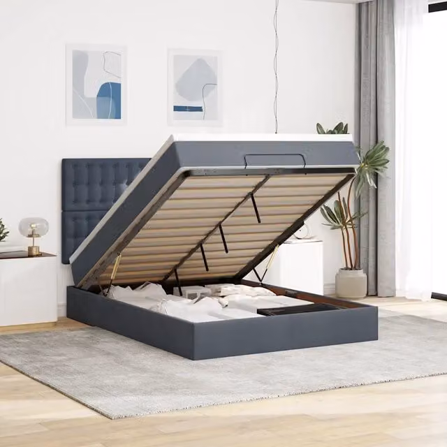 Letto con contenitore a sollevamento vidaXL in velluto grigio e bianco con porte USB e illuminazione sottostante L/P/H: 144 x 193 x 280 cm