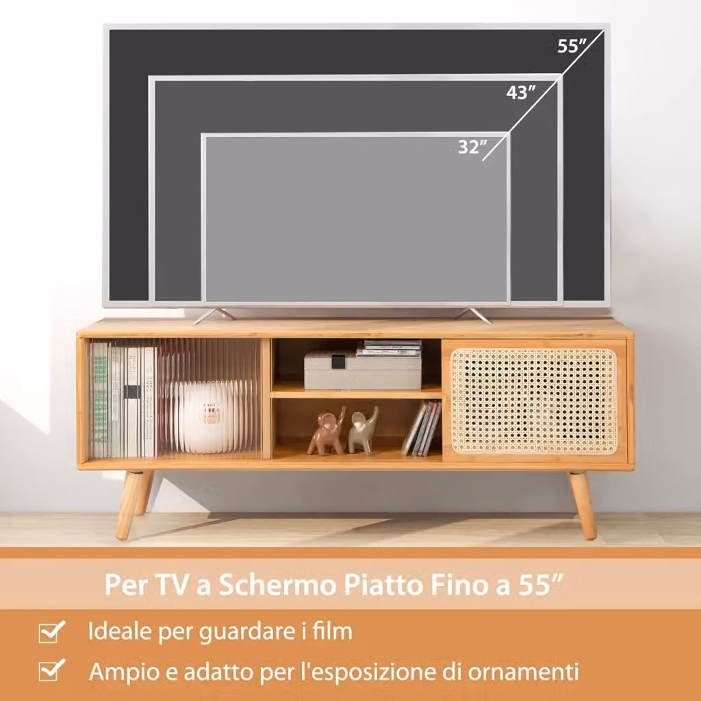 Mobile TV Costway in bambù e legno con ante scorrevoli in rattan e vetro, stile rustico vintage, colore beige e marrone, L: 120.5 cm, P: 31.0 cm, H: 45.5 cm – 2