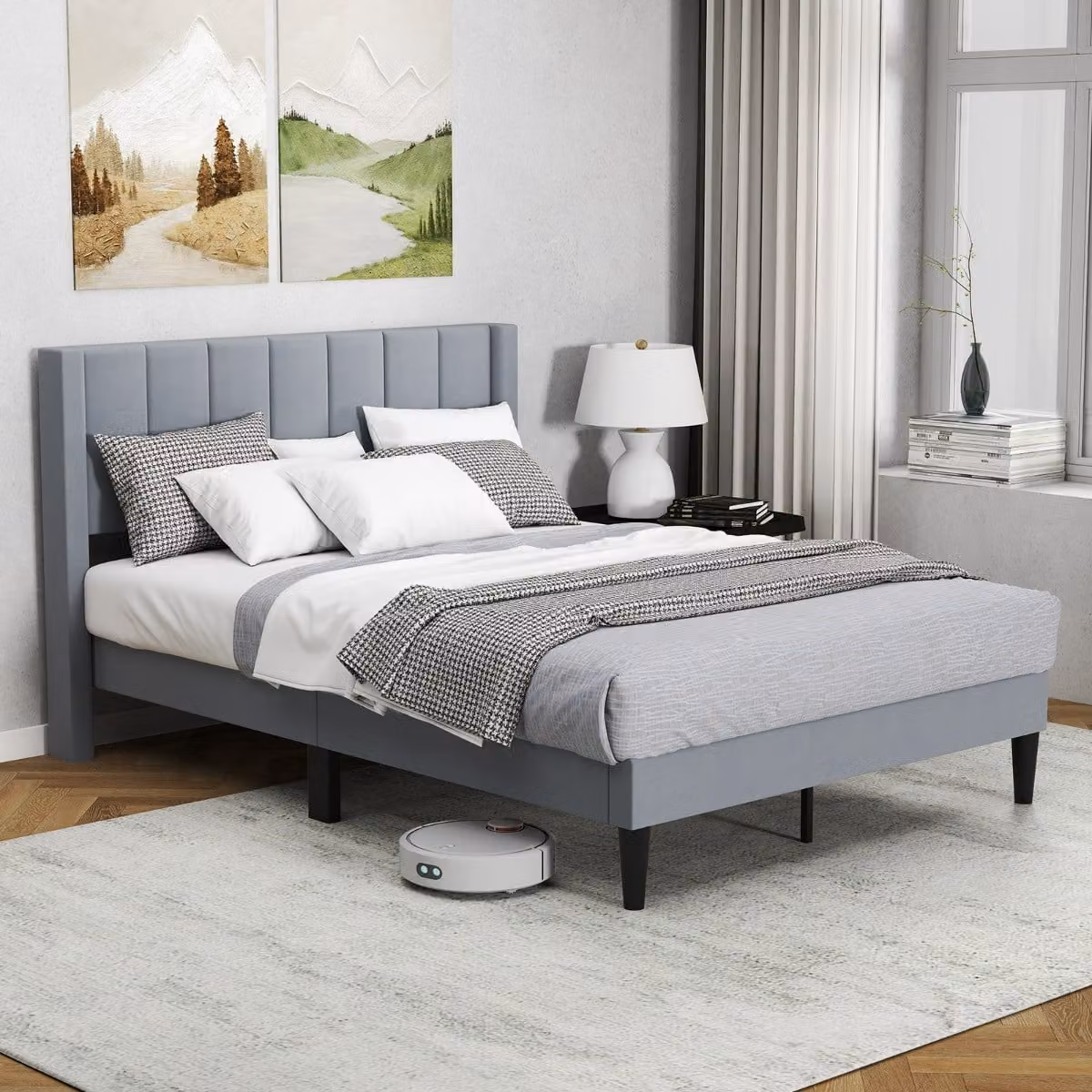 Costway Letto matrimoniale a piattaforma con rivestimento in velluto e piedini regolabili, Grigio