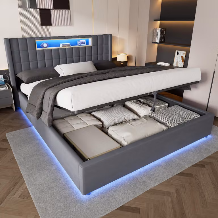 Letto imbottito MODFU 180x200, in velluto, letto per ragazzi con ampio spazio contenitivo, cassone contenitore idraulico, illuminazione LED e ripiano imbottito, moderno letto matrimoniale, senza materasso, colore grigio