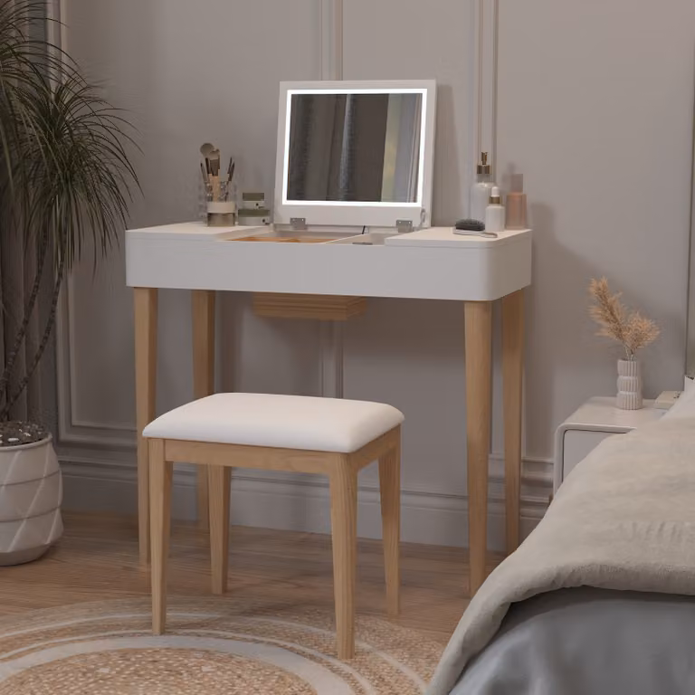Tavolino da toilette AIORBER, gambe in legno massiccio, con due scomparti, specchio pieghevole, laccato bianco, facile da montare, per camera da letto, 83,6x40x75cm, bianco