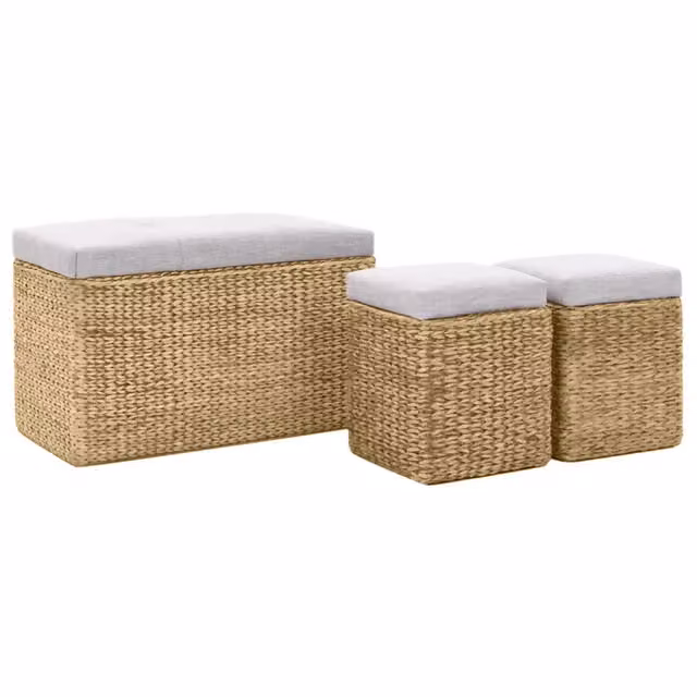 Set composto da panca e 2 pouf in giunco e tessuto di colore grigio per il tuo soggiorno