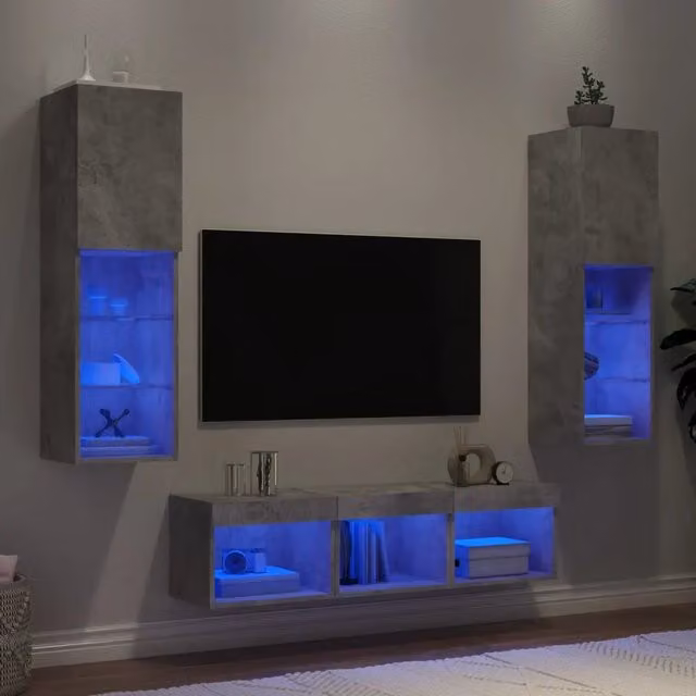 Mobile TV a muro vidaXL con illuminazione LED integrata, design moderno in grigio cemento e legno, set di 5 pezzi – 1